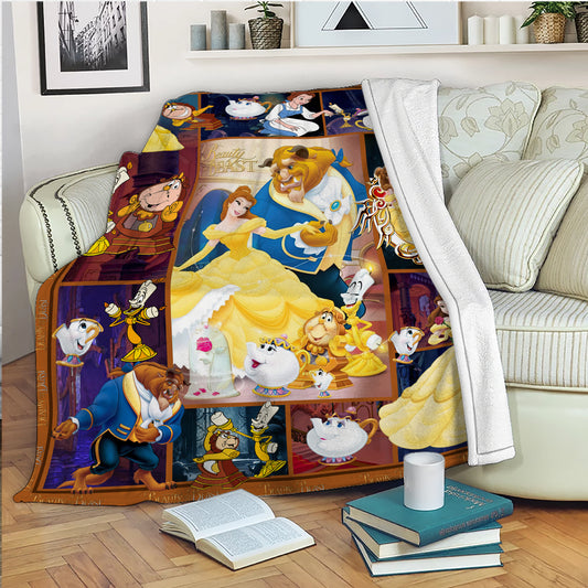 Disney Beauty and the Beast Character Collage Blanket, Belle & The Beast Fleece Sherpa Throw, Classic Movie Fan Gift