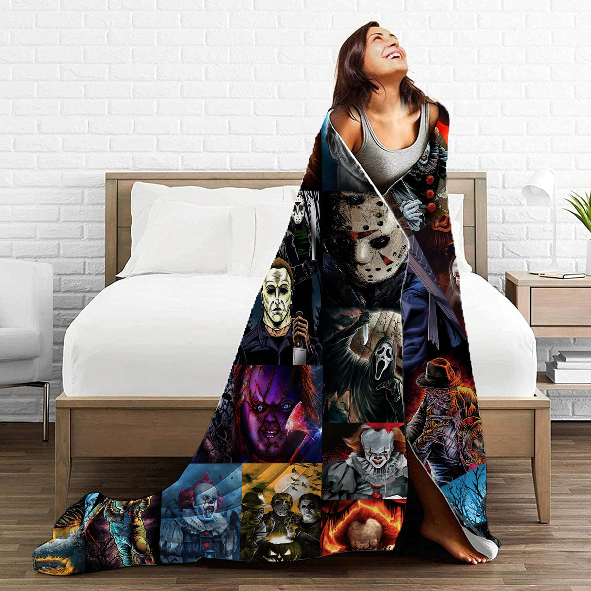 Best Horror Movies Characters, Halloween Blanket Gift, Scary Movie Fleece Sherpa Blanket