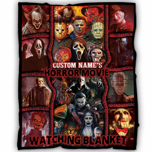 Custom Name Horror Movie Watching Blanket, Halloween Blanket Gift, Scary Movie Fleece Sherpa Blanket