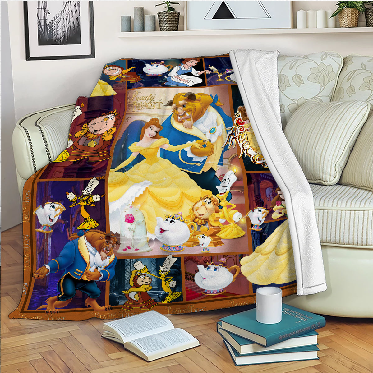 Disney Beauty and the Beast Character Collage Blanket, Belle & The Beast Fleece Sherpa Throw, Classic Movie Fan Gift