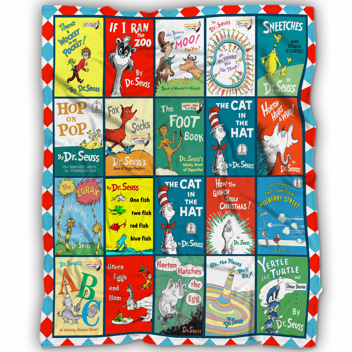 Dr. Seuss Classic Book Covers Collage Blanket, Vintage Children's Literature Fleece Sherpa Throw, Kids & Nursery Gift