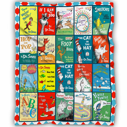 Dr. Seuss Classic Book Covers Collage Blanket, Vintage Children's Literature Fleece Sherpa Throw, Kids & Nursery Gift
