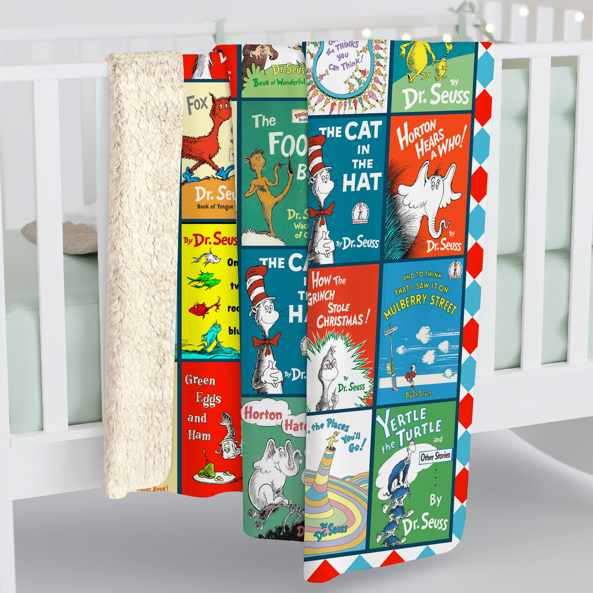 Dr. Seuss Classic Book Covers Collage Blanket, Vintage Children's Literature Fleece Sherpa Throw, Kids & Nursery Gift