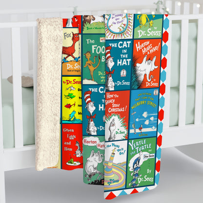Dr. Seuss Classic Book Covers Collage Blanket, Vintage Children's Literature Fleece Sherpa Throw, Kids & Nursery Gift