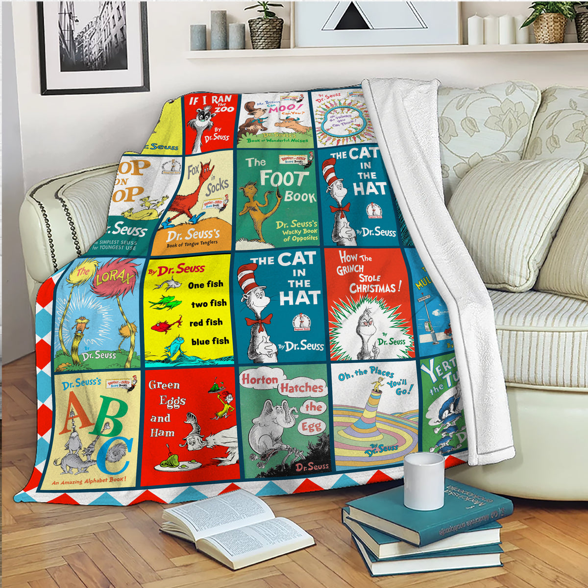 Dr. Seuss Classic Book Covers Collage Blanket, Vintage Children's Literature Fleece Sherpa Throw, Kids & Nursery Gift