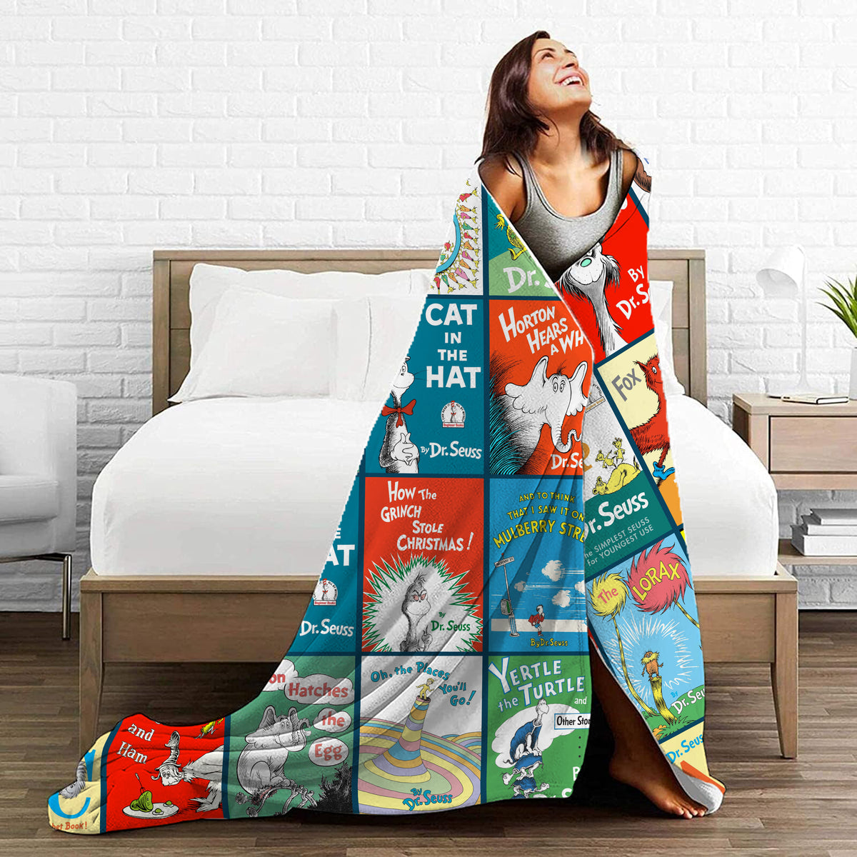 Dr. Seuss Classic Book Covers Collage Blanket, Vintage Children's Literature Fleece Sherpa Throw, Kids & Nursery Gift