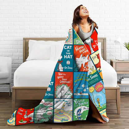 Dr. Seuss Classic Book Covers Collage Blanket, Vintage Children's Literature Fleece Sherpa Throw, Kids & Nursery Gift