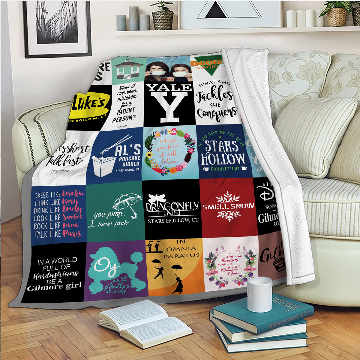 Gilmore Girls Collage Blanket, Stars Hollow Quotes & Icons Fleece Sherpa Throw, TV Show Fan Gift