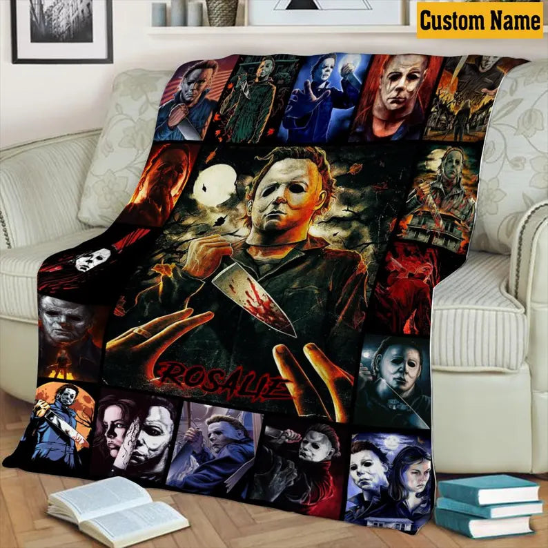Personalized Halloween Horror Movie Fleece Blanket, Custom Michael Myers Blanket, Scary Movie Fleece