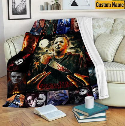Personalized Halloween Horror Movie Fleece Blanket, Custom Michael Myers Blanket, Scary Movie Fleece