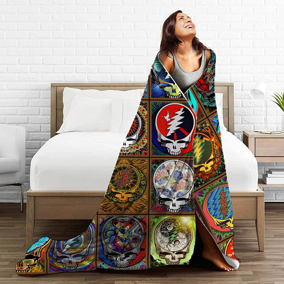 Psychedelic Skull Art Blanket – Grateful Dead Vintage Acid Rock Tapestry, Cozy Boho Music Festival Fleece Sherpa