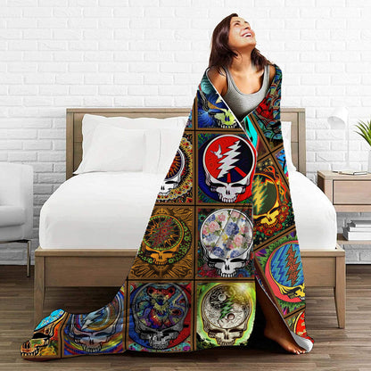 Psychedelic Skull Art Blanket – Grateful Dead Vintage Acid Rock Tapestry, Cozy Boho Music Festival Fleece Sherpa
