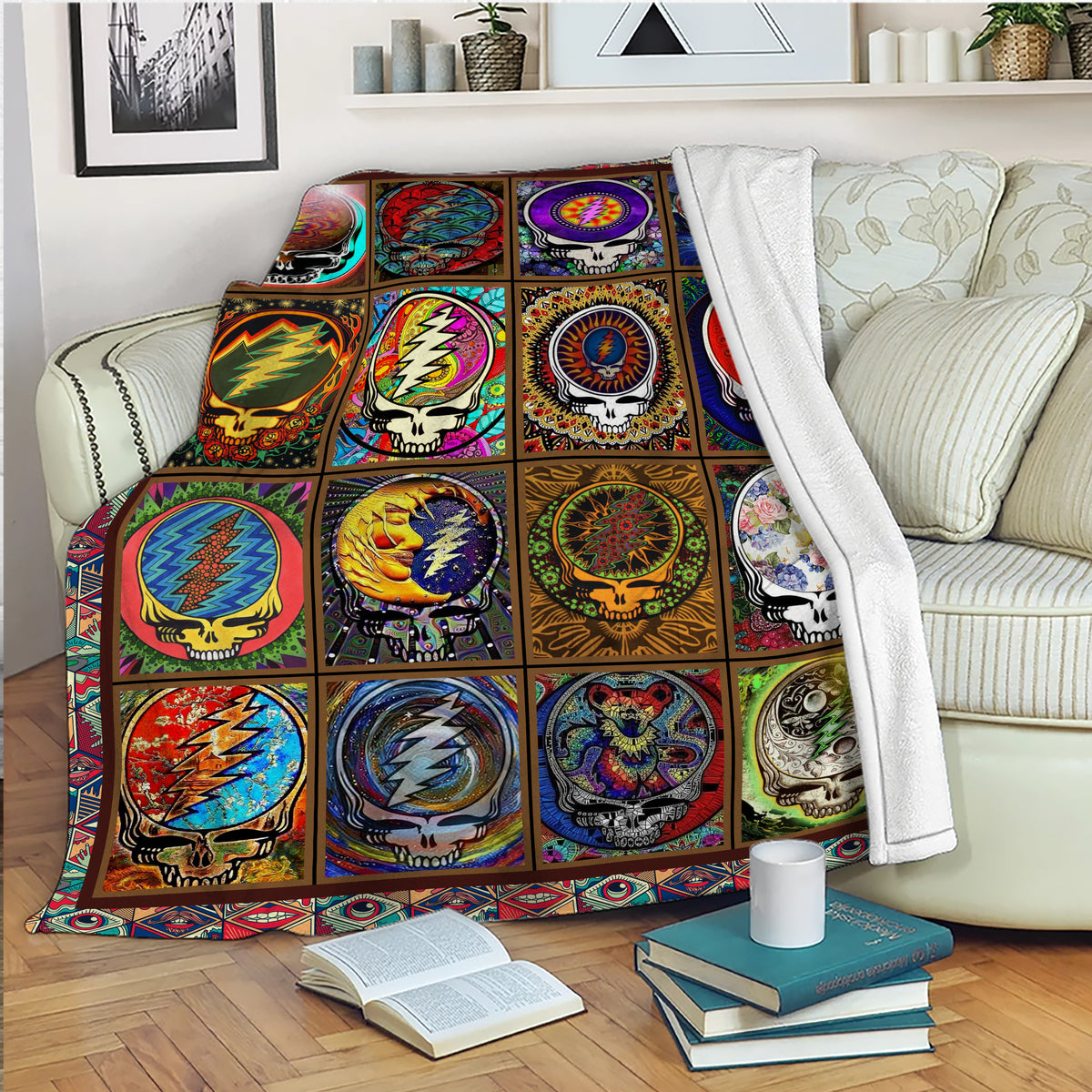 Psychedelic Skull Art Blanket – Grateful Dead Vintage Acid Rock Tapestry, Cozy Boho Music Festival Fleece Sherpa