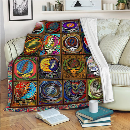 Psychedelic Skull Art Blanket – Grateful Dead Vintage Acid Rock Tapestry, Cozy Boho Music Festival Fleece Sherpa