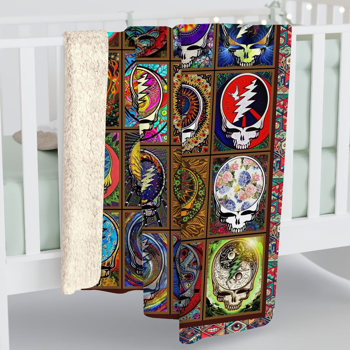 Psychedelic Skull Art Blanket – Grateful Dead Vintage Acid Rock Tapestry, Cozy Boho Music Festival Fleece Sherpa