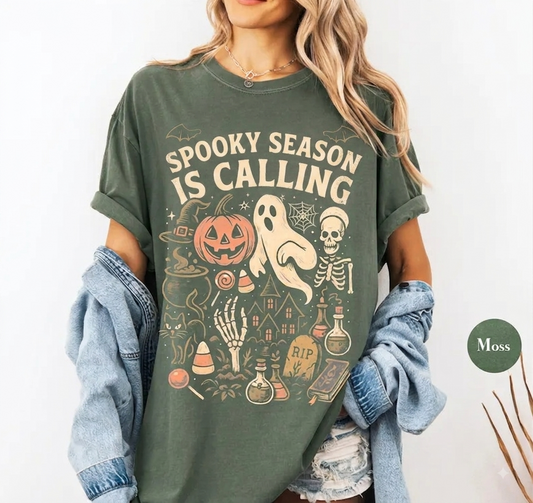 Spooky Season Is Calling Comfort Colors TShirt, Retro Halloween Shirt, Skeleton Pumpkin Ghost Shirt
