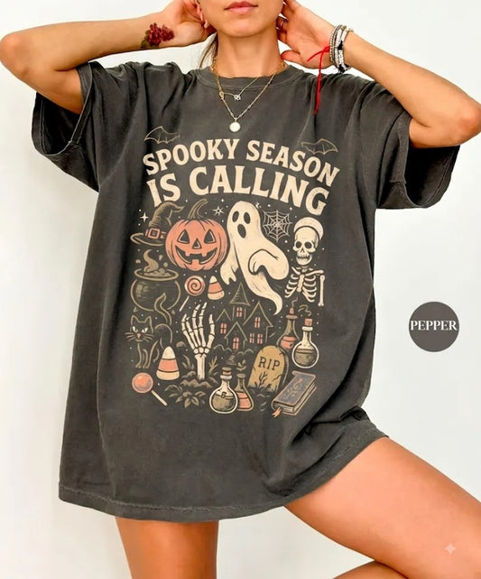 Spooky Season Is Calling Comfort Colors TShirt, Retro Halloween Shirt, Skeleton Pumpkin Ghost Shirt