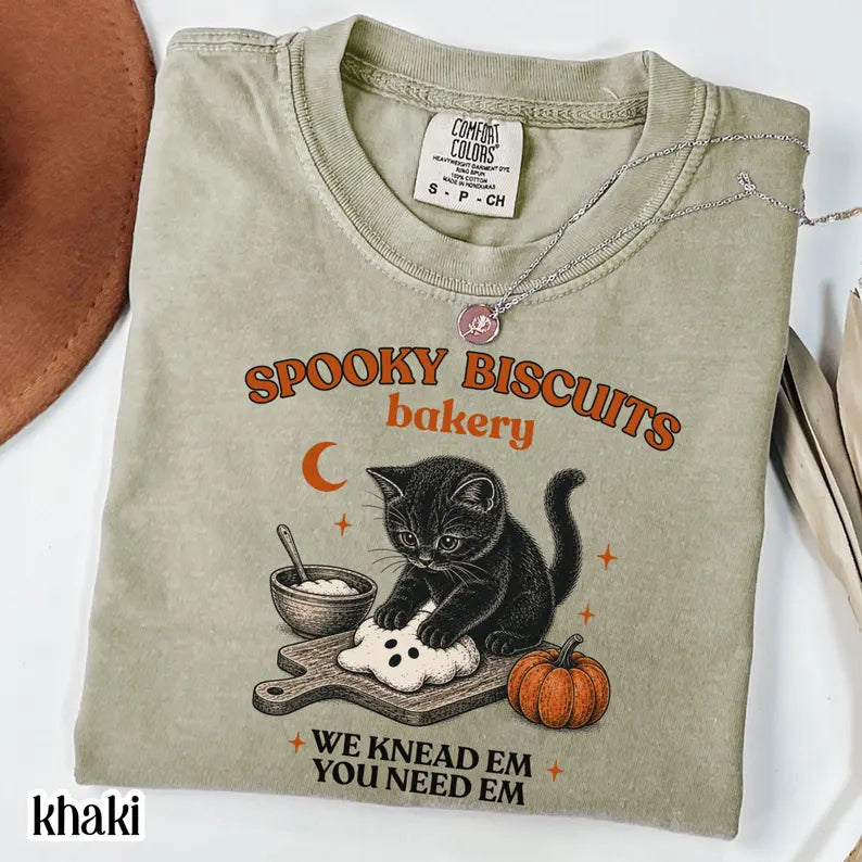 Spooky Biscuits Bakery Comfort Colors TShirt, Black Cat Halloween Tee, Retro Baking Pumpkin T Shirt