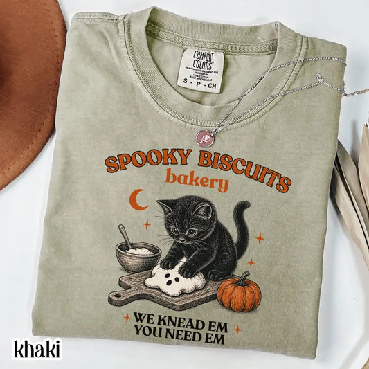 Spooky Biscuits Bakery Comfort Colors TShirt, Black Cat Halloween Tee, Retro Baking Pumpkin T Shirt