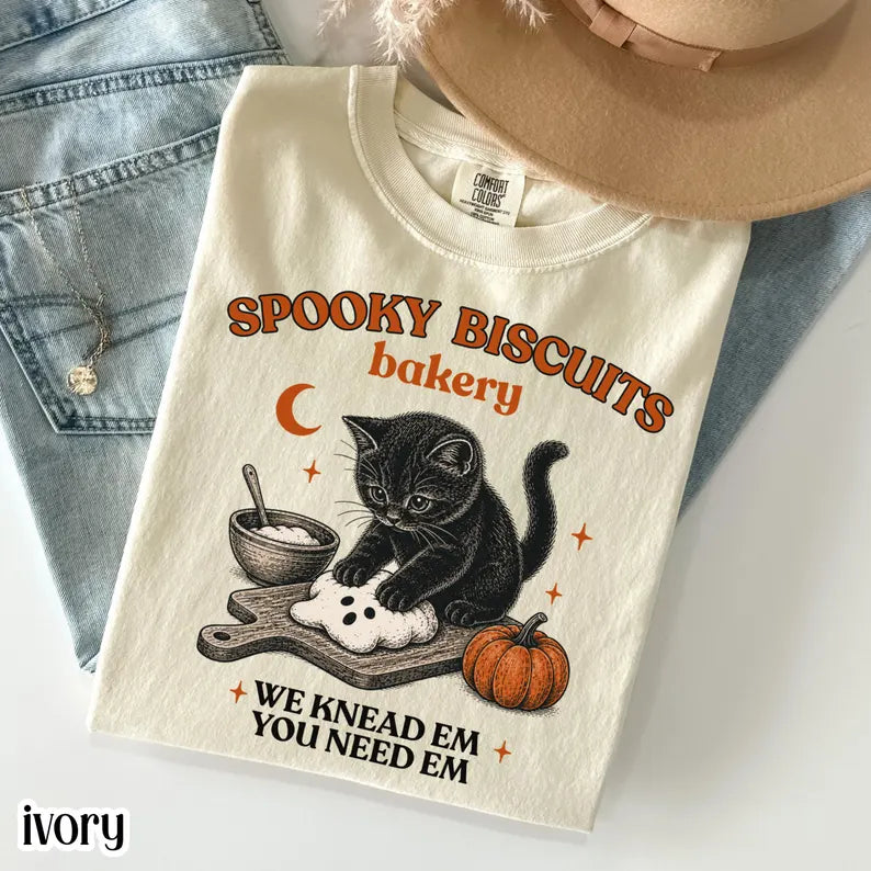 Spooky Biscuits Bakery Comfort Colors TShirt, Black Cat Halloween Tee, Retro Baking Pumpkin T Shirt