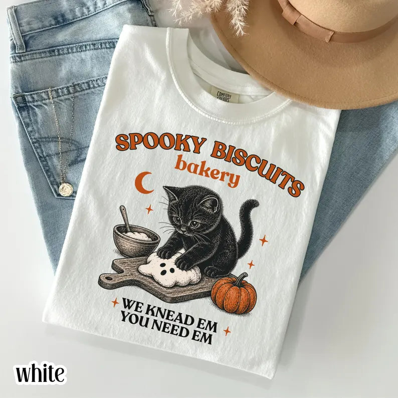 Spooky Biscuits Bakery Comfort Colors TShirt, Black Cat Halloween Tee, Retro Baking Pumpkin T Shirt