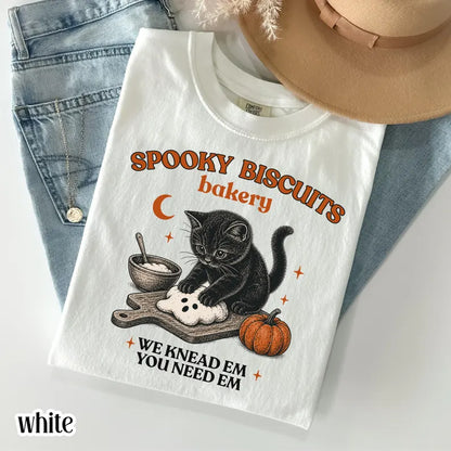 Spooky Biscuits Bakery Comfort Colors TShirt, Black Cat Halloween Tee, Retro Baking Pumpkin T Shirt