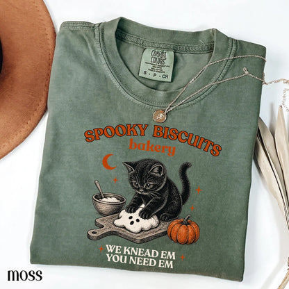 Spooky Biscuits Bakery Comfort Colors TShirt, Black Cat Halloween Tee, Retro Baking Pumpkin T Shirt