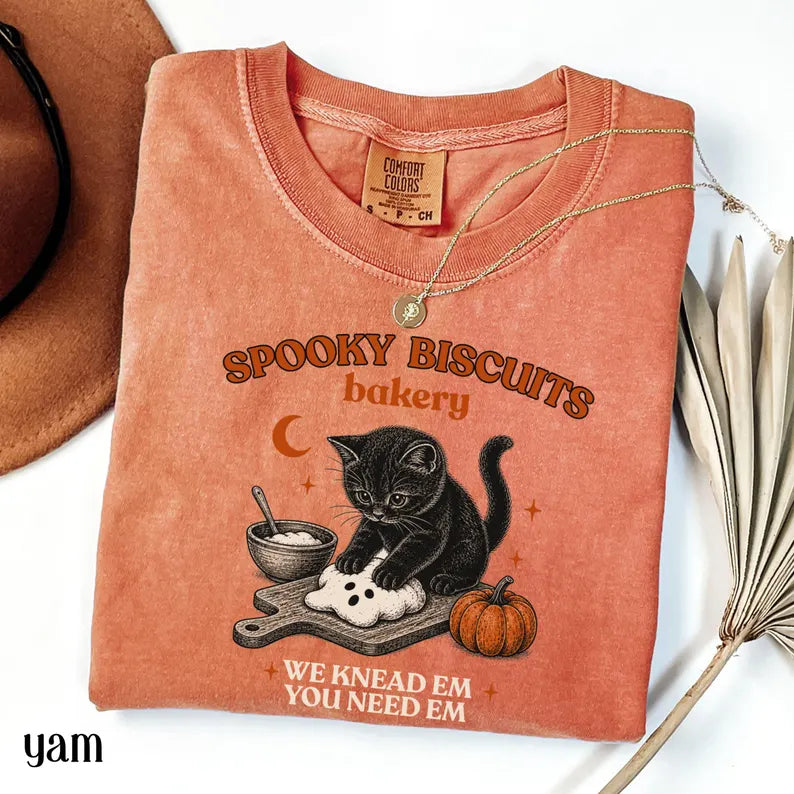Spooky Biscuits Bakery Comfort Colors TShirt, Black Cat Halloween Tee, Retro Baking Pumpkin T Shirt