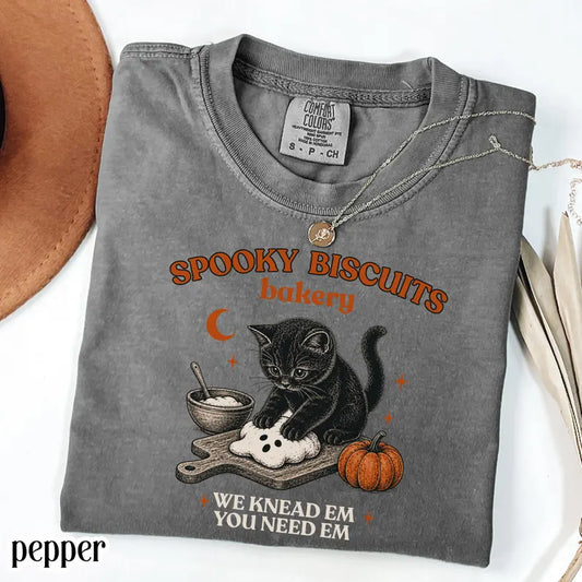 Spooky Biscuits Bakery Comfort Colors TShirt, Black Cat Halloween Tee, Retro Baking Pumpkin T Shirt