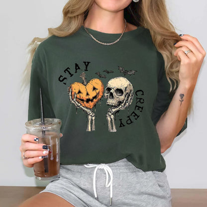 Stay Creepy Sweatshirt, Comfort Colors Halloween Pullover, Cute Skeleton Hands Tee