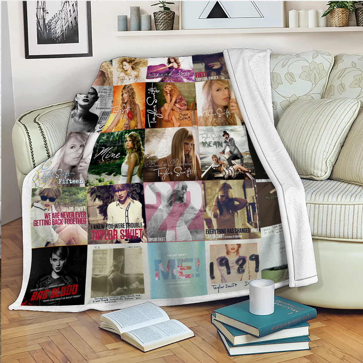 Taylor Swift Album & Single Covers Grid Blanket, Ultimate Eras Tour Souvenir, Cozy Fleece Throw