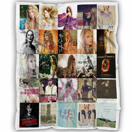 Taylor Swift Album & Single Covers Grid Blanket, Ultimate Eras Tour Souvenir, Cozy Fleece Throw