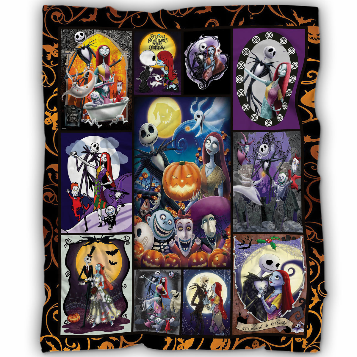 The Nightmare Before Christmas Fleece Blanket – Jack and Sally Spooky Love & Halloween Collage Throw